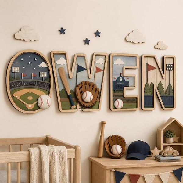 Personalized Baseball Name Letters, 3D Wooden Sports Nursery Wall Decor, Custom Boy Room Name Sign, Baseball Stadium Gift for Little Boy