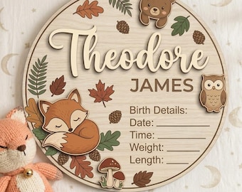 Personalized Woodland Baby Name Sign, Forest Animal Birth Announcement Disc, Wooden Nursery Wall Decor, Custom Newborn Photo Prop, Baby Gift