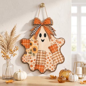 Halloween-spökdörrhängare, rustik höstspökeväggdekoration, söt lapptäcksspökskylt, pumpadekoration på verandan, höstkrans