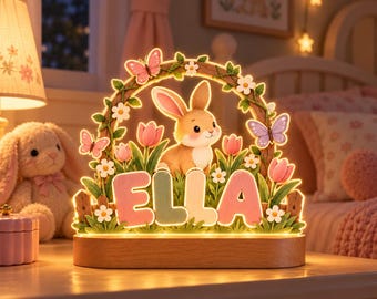 Personalized Bunny Night Light, Custom Name Bunny Nursery Lamp, Floral Butterfly Bedroom Decor, Baby Girl Easter Gift, Wooden Lamp