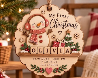 Personalized Baby's First Christmas Ornament, Custom Name Birth Stats Wooden Snowman Keepsake, Newborn Christmas Tree Decor & Gift