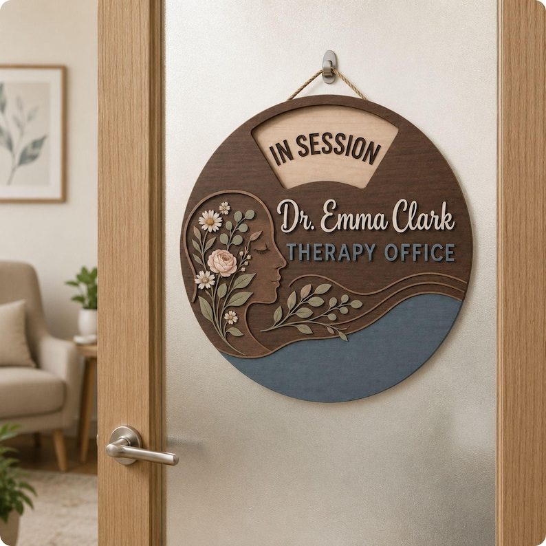 May include: A circular wooden door sign featuring the text IN SESSION, Dr. Emma Clark, and THERAPY OFFICE. The sign displays a profile silhouette of a face adorned with layered floral and leaf cutouts in shades of brown, cream, and blue.