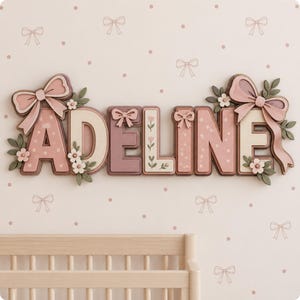 May include: A wall-mounted name sign spelling ADELINE in layered, three-dimensional letters. The letters are colored in shades of dusty pink, cream, and mauve, decorated with sculpted bows, small white flowers, and green leaves on the ends.