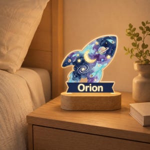 Personalized Rocket LED Night Light, Custom Outer Space Acrylic Lamp for Kids, Galaxy Nursery Decor, Baby Shower First Birthday Gift Boy image 2