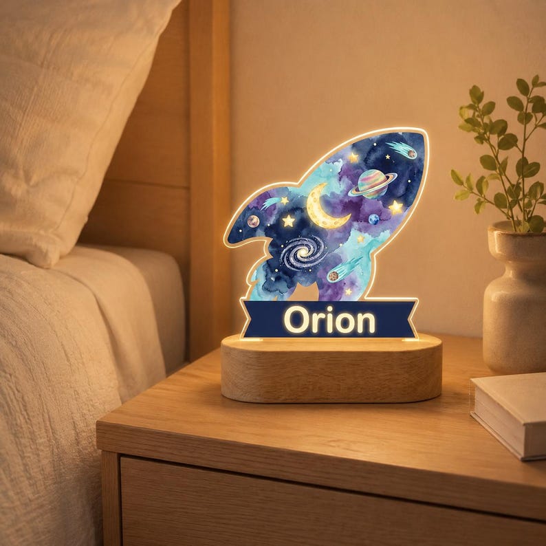 Personalized Rocket LED Night Light, Custom Outer Space Acrylic Lamp for Kids, Galaxy Nursery Decor, Baby Shower First Birthday Gift Boy image 2