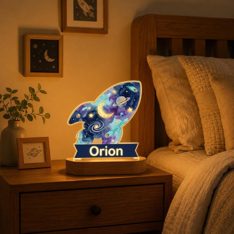 May include: A rocket-shaped LED night light featuring a colorful space-themed print with planets, stars, and a crescent moon. The base is made of light wood and includes a dark blue banner with the name Orion illuminated in white letters.