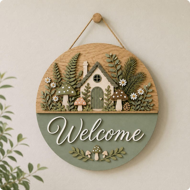 May include: A round wooden wall sign featuring a layered design with a cottage, ferns, mushrooms, and daisies. The top half is natural wood grain, while the bottom half is sage green with the white 3D text Welcome. It hangs from a jute rope.