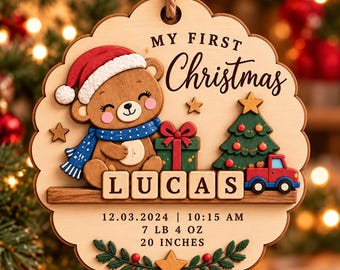 Personalized Baby's First Christmas Ornament, Custom Name Birth Stats Wooden Keepsake, Bear Snowman Reindeer Penguin New Baby Gift