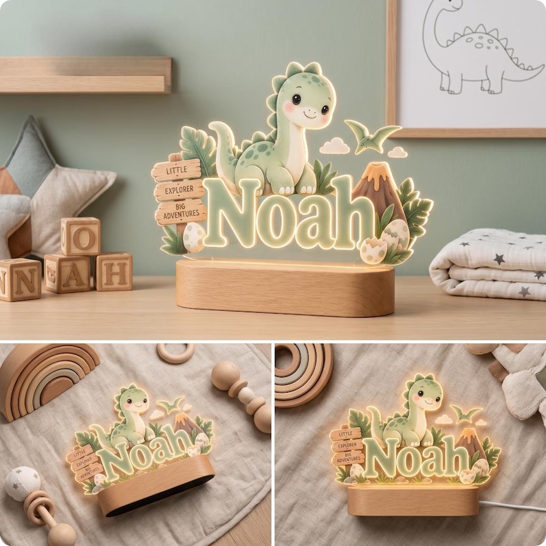 Puede incluir: Un letrero luminoso de acr&iacute;lico con un dinosaurio de dibujos animados, un volc&aacute;n y el nombre Noah en letras grandes. Un poste de madera dice Little Explorer Big Adventures. La pieza est&aacute; montada sobre una base de madera rectangular.