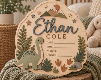Dinosaur Baby Name Sign, Mountain Nursery Decor, Birth Announcement Board, Wooden Name Plaque, Personalized Newborn Gift, Baby Boy Sign