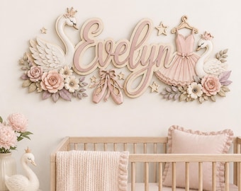 May include: A wall-mounted wooden sign featuring the name Evelyn in script lettering, flanked by two white swans wearing crowns, a pink ballet dress on a hanger, ballet slippers, stars, and clusters of pink and white flowers with green leaves.