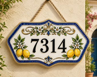 May include: A rectangular ceramic house number sign with rounded edges, featuring the black numbers 7314. The sign is decorated with yellow lemons, green leaves, and white flowers on a cream background, framed by a blue and gold border with a rope.