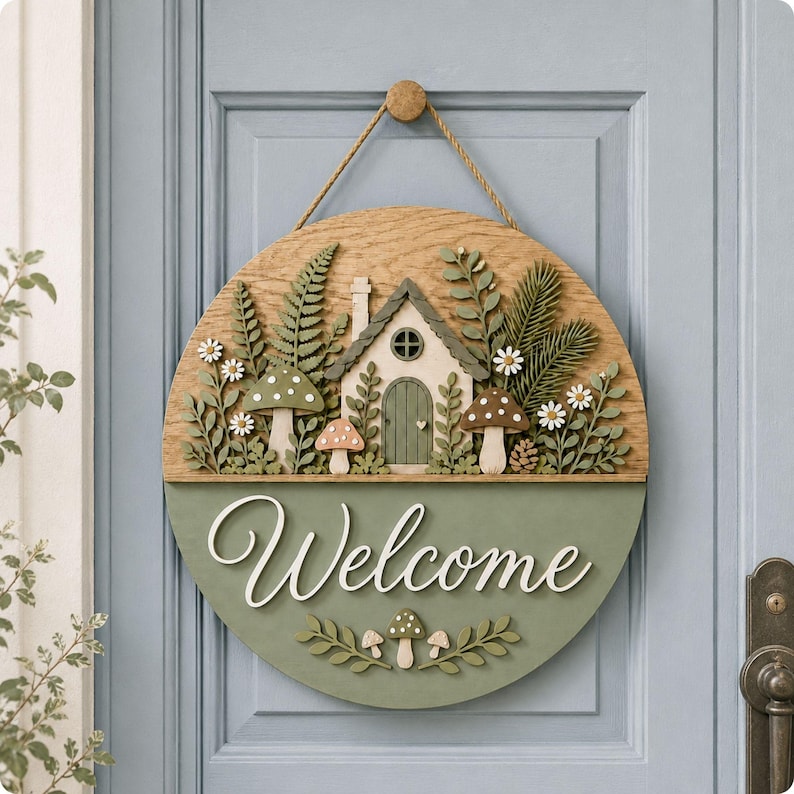 May include: A round wooden door sign featuring a layered design with a cottage, ferns, mushrooms, and white daisies. The bottom half is painted sage green with the word Welcome in white script, accented by small mushrooms and leafy sprigs.