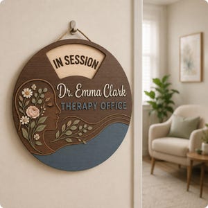 May include: A circular wooden door sign featuring the text "IN SESSION" at the top, followed by "Dr. Emma Clark" and "THERAPY OFFICE". The design includes a profile silhouette of a face adorned with floral and leaf accents in muted tones.