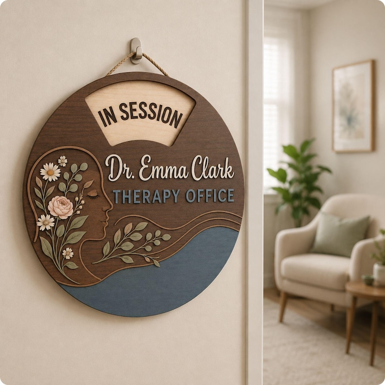 May include: A circular wooden door sign featuring the text "IN SESSION" at the top, followed by "Dr. Emma Clark" and "THERAPY OFFICE". The design includes a profile silhouette of a face adorned with floral and leaf accents in muted tones.