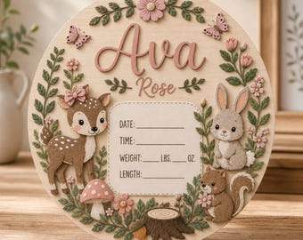 May include: A circular wooden birth announcement sign featuring the name Ava Rose in raised lettering. The design includes a deer, a rabbit, a squirrel, butterflies, flowers, and a mushroom. A central area provides lines for date, time, weight in lbs. and oz., and length.