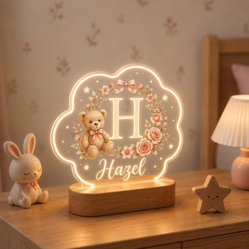 May include: A cloud-shaped LED night light with a wooden base, featuring a central letter H, a teddy bear, and a floral wreath design. The name Hazel is printed in script below the letter, and the entire acrylic panel glows with warm light.
