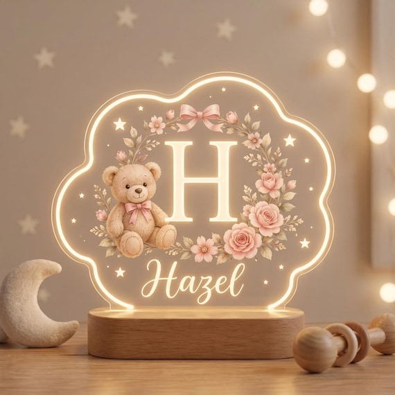 Personalized Teddy Bear Night Light Custom Name Lamp Flower Nursery Decor Baby Girl Gift Kids Room Light Teddy Initial Lamp Birthday Gift