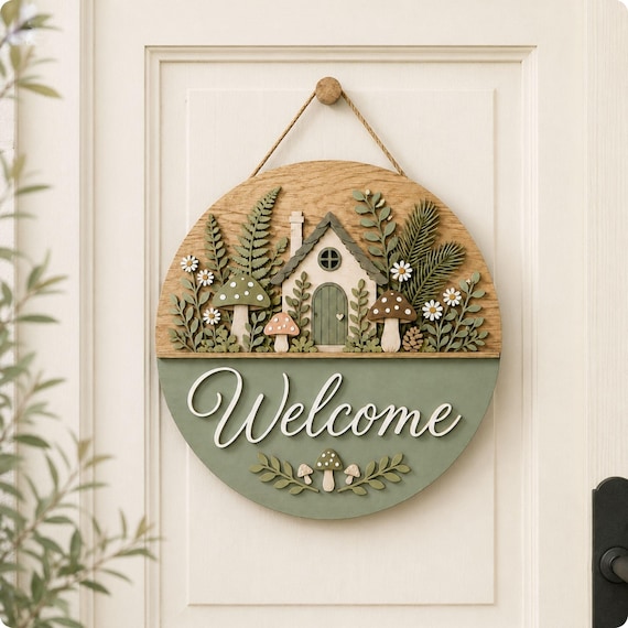 Woodland Welcome Door Sign, Layered Wood Cottagecore Mushroom Front Door Decor