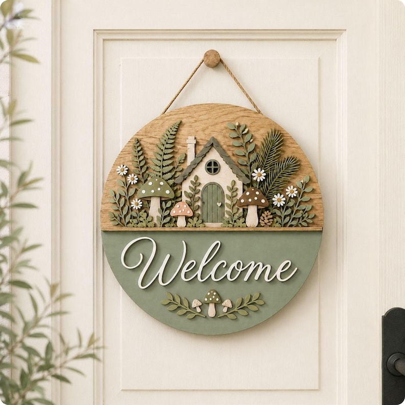 May include: A circular wooden wall sign featuring a layered design with a cottage, ferns, mushrooms, and daisies. The bottom half is painted sage green with the white script text Welcome, accented by small mushroom and leaf cutouts at the base.