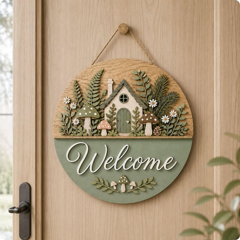 May include: A round wooden door sign featuring a layered 3D design of a small cottage surrounded by ferns, pine branches, and mushrooms. The lower section is painted sage green with the white script text Welcome and small mushroom accents.