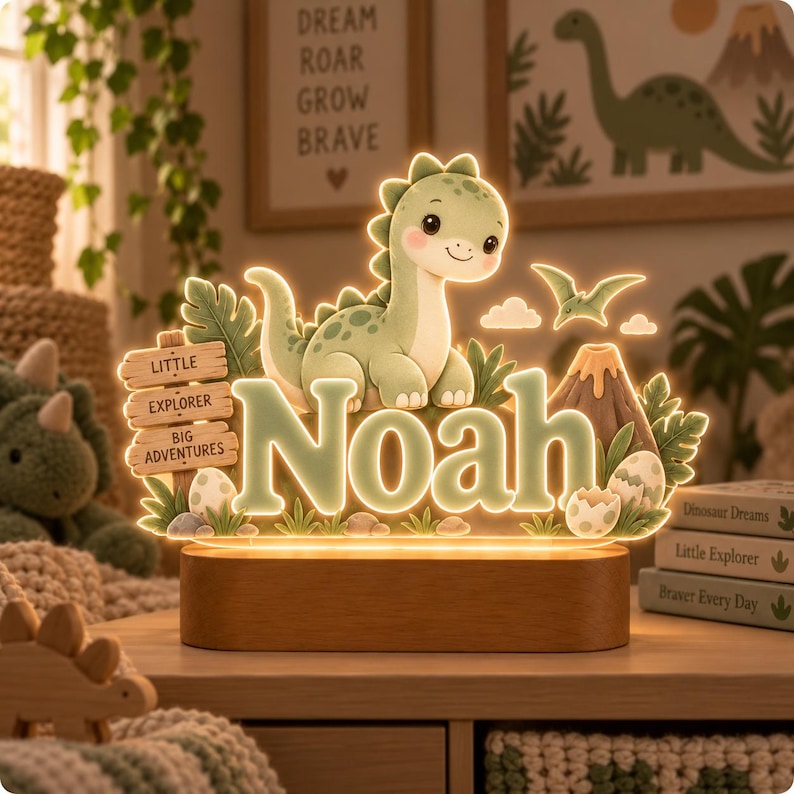 Puede incluir: Un letrero de acr&iacute;lico iluminado con un dinosaurio de dibujos animados, un volc&aacute;n y el nombre Noah en letras grandes. Un poste de madera dice Little Explorer Big Adventures. La pieza est&aacute; montada sobre una base de madera ovalada y brilla.