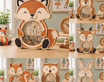 May include: A collection of wooden animal-shaped piggy banks featuring a clear front panel filled with coins. Each bank displays the name ELI in wooden letters and depicts various creatures including a fox, bear, deer, and owl with natural wood tones.