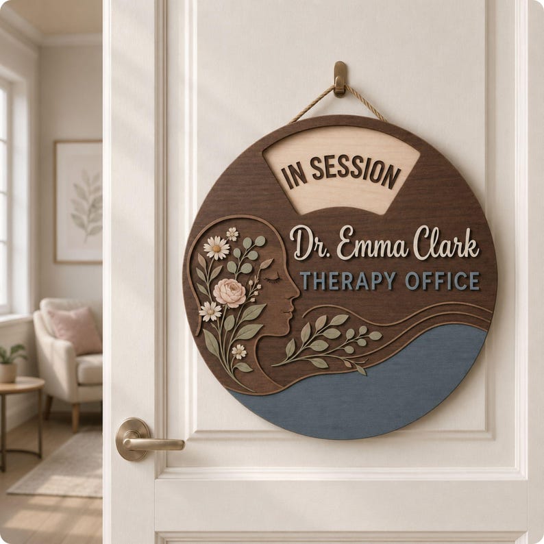 May include: A circular wooden door sign featuring the text IN SESSION, Dr. Emma Clark, and THERAPY OFFICE. The design includes a profile silhouette of a face adorned with layered floral elements and leaves in muted tones of pink, green, and blue.