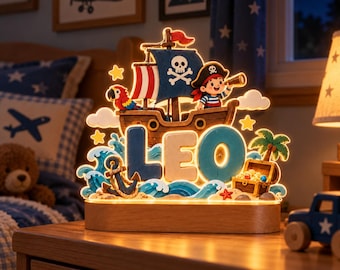 Personalized Pirate Night Light, Custom Name Wooden LED Lamp, Kids Bedroom Decor, Pirate Ship Nursery Lamp, Baby Boy Birthday Gift