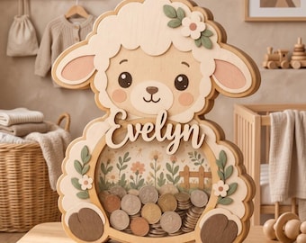 Tirelire en bois personnalisée en forme de cochon, tirelire avec prénom, tirelire agneau mignonne, décoration de chambre d'enfant, cadeau pour le premier anniversaire d'un enfant