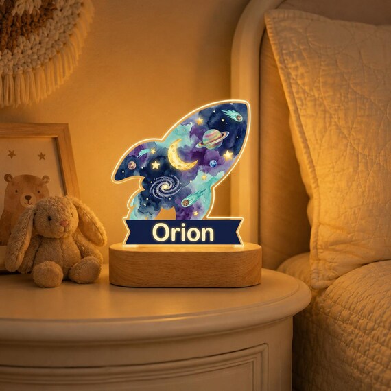 Personalized Rocket LED Night Light, Custom Outer Space Acrylic Lamp for Kids, Galaxy Nursery Decor, Baby Shower First Birthday Gift Boy