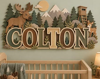 Personalized Wooden Name Sign, Hunting Woodland Nursery Decor, Moose Deer Bear Duck Wall Art, Custom Baby Boy Name Plaque