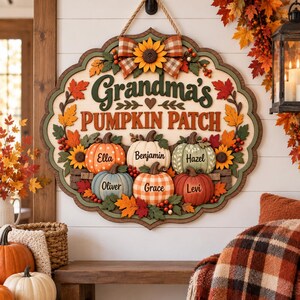 Gepersonaliseerd bordje 'Oma's pompoenveld', houten wandplaat met de naam van de kleinkinderen, herfstdecoratie, Thanksgiving-cadeau voor mama