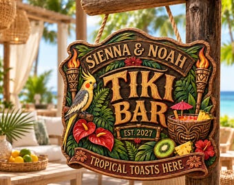 Personalized Tiki Bar Sign, Custom Tropical Wooden Bar Decor, Hawaiian Luau Wall Hanging, Beach House Gift, Poolside Cocktail Sign