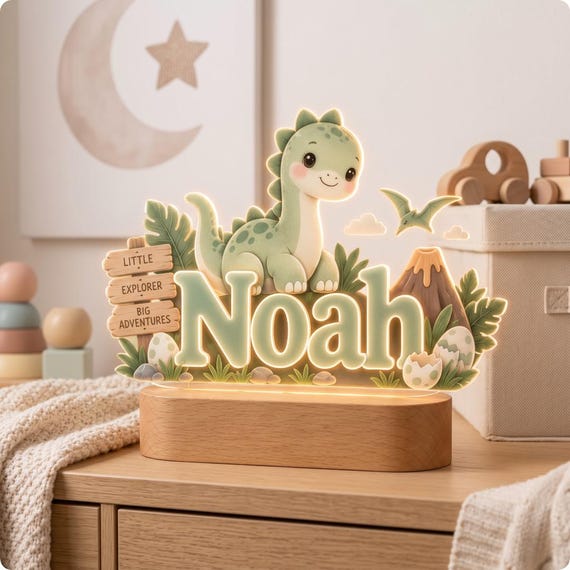 Personalized Dinosaur Night Light Custom Name Lamp Cute Dino Nursery Decor LED Light Wooden Base Gift for Kids Boys Little Explorer Sign
