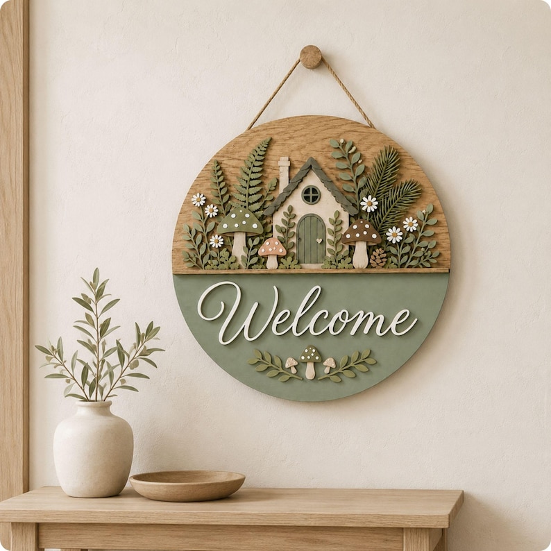 May include: A circular wooden wall sign featuring a layered 3D design of a small house, ferns, mushrooms, and white flowers on the top half. The bottom half is painted sage green with the white script text Welcome and small mushroom accents.