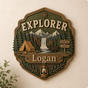 Letrero personalizado con el nombre de un explorador, decoración infantil de aventura en el bosque, letrero de madera personalizado para habitación de niño, arte de pared de montaña y camping, regalo de cumpleaños