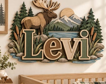 Personalized Wooden Name Sign, Woodland Hunting Nursery Wall Decor, Deer Moose Bear Duck