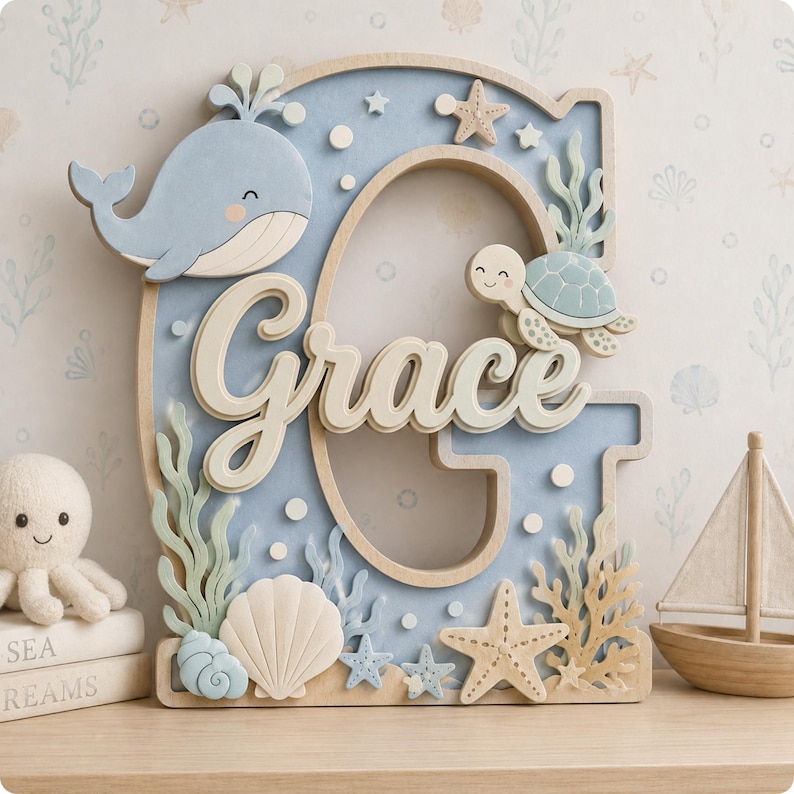 Design Letter R. Wood Personalized Ocean Nursery Name Sign, Custom Wooden Letter Baby Name ...