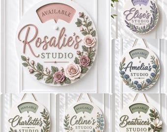 Personalized Office Spin Sign, Custom Door Status Spinner, Floral Studio Door Hanger, Wooden Name Office Sign, Work From Home Decor