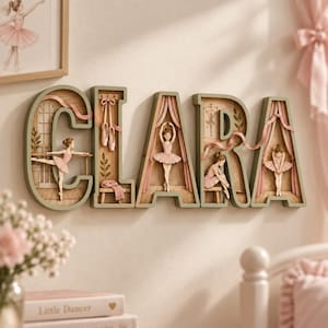 Op de afbeelding: Een decoratief wandbord dat de naam CLARA spelt in grote, saliegroene blokletters. Elke letter bevat een driedimensionaal diorama van een ballerina in een roze tutu, met roze gordijnen, houten vloeren en accessoires in balletthema.