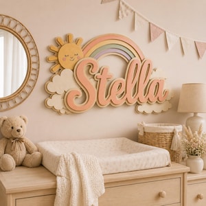 Personalized Rainbow Nursery Name Sign, Custom Sunshine Wooden Name Sign, Boho Cloud Wall Decor, Baby Shower Gift, Girls Room Sign