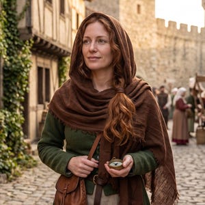 May include: A woman in medieval attire stands on a cobblestone street, holding a compass. She wears a green dress, brown shawl, and a leather bag. The background features stone buildings, a castle, and people in period clothing.