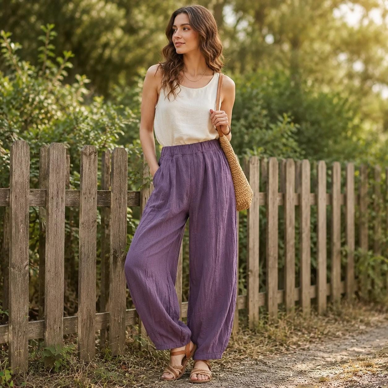 Boho Linen Women Pants, Flowy Harem Trousers, Wide Leg Lounge Pants, Vacation Resort Wear Clothing