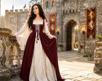 Renaissance middeleeuwse jurk, feeënjurk met vetersluiting, cottagecore boerenjurk, fairycore baljurk, middeleeuwse kostuumjurk