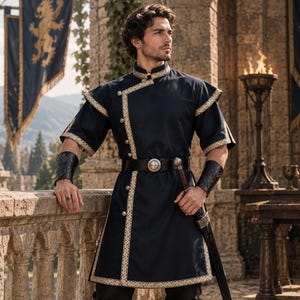Jaqueta masculina de guerreiro renascentista, túnica de cavaleiro medieval com cinto, fantasia para LARP, traje para feira renascentista.