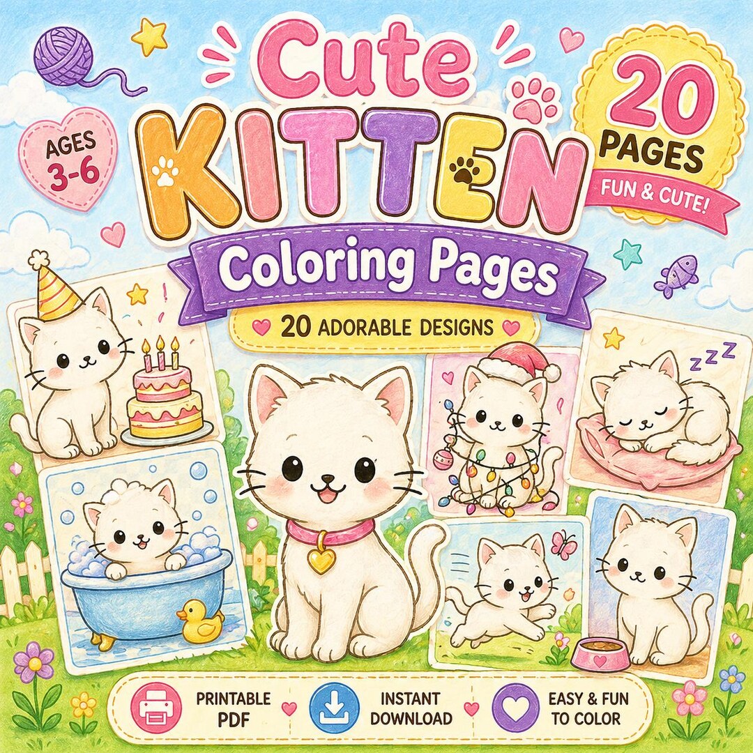 Kitty Color Book Kitten Coloring Book, 20 Pages Printable PDF for Kids (instant Download ...