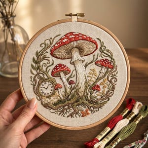 Puede incluir: Arte de bordado de setas en un aro de madera. El diseño presenta setas rojas y blancas con lunares, un reloj y follaje. El bordado está sobre un fondo de tela beige. Hilos de bordar y tijeras visibles.