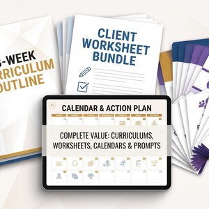 Pode incluir: Uma cole&ccedil;&atilde;o de recursos empresariais incluindo um plano de estudos de 8 semanas, um pacote de fichas de trabalho para clientes, um tablet com um calend&aacute;rio e plano de a&ccedil;&atilde;o, e um conjunto de cart&otilde;es de discuss&atilde;o em tons roxos e brancos.