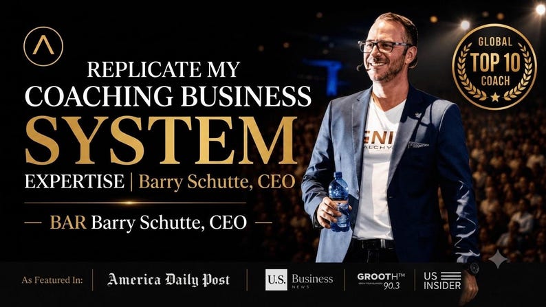 Pode incluir: Um gr&aacute;fico promocional com um homem de blazer azul e camiseta branca segurando uma garrafa de &aacute;gua. O texto diz: REPLICATE MY COACHING BUSINESS SYSTEM, EXPERTISE | Barry Schutte, CEO, BAR Barry Schutte, CEO, e GLOBAL TOP 10 COACH.
